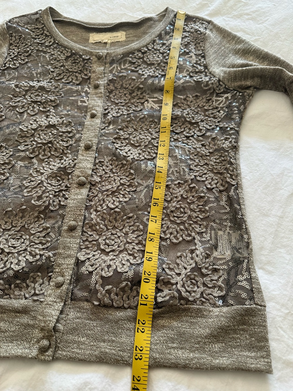 A'Reve Anthropologie taupe/gray sequin & lace cardigan, size large - Picture 10 of 13